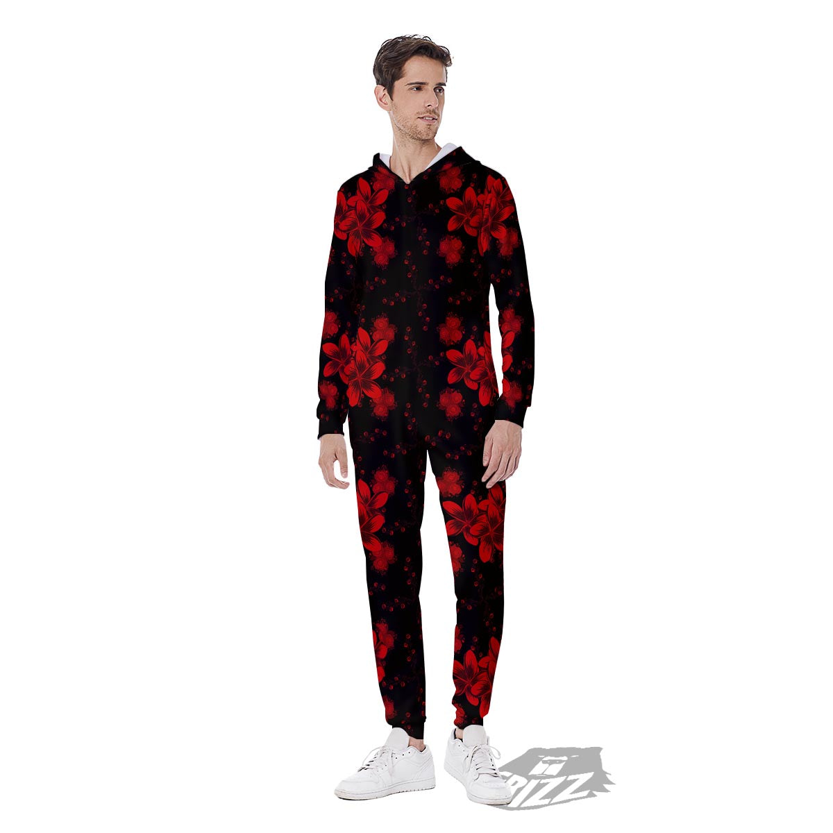 Frangipani Black And Red Print Pattern Men's Jumpsuit-grizzshop