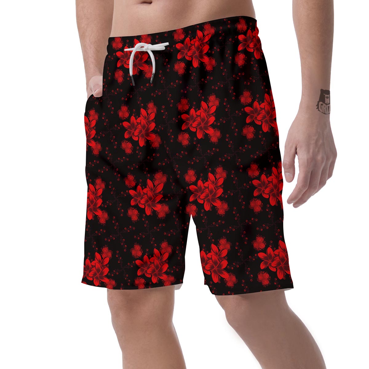 Frangipani Black And Red Print Pattern Men's Shorts-grizzshop