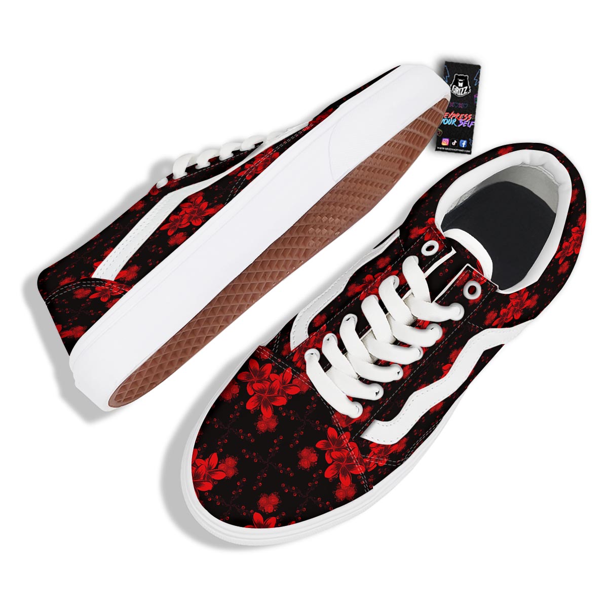 Frangipani Black And Red Print Pattern Skate Shoes-grizzshop