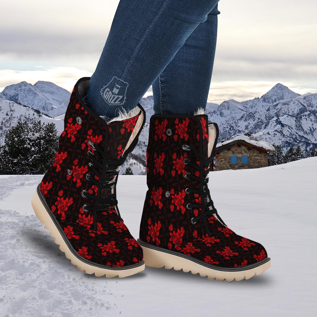 Frangipani Black And Red Print Pattern Snow Boots-grizzshop