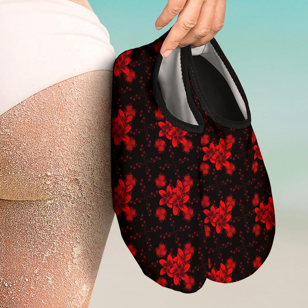 Frangipani Black And Red Print Pattern Water Shoes-grizzshop