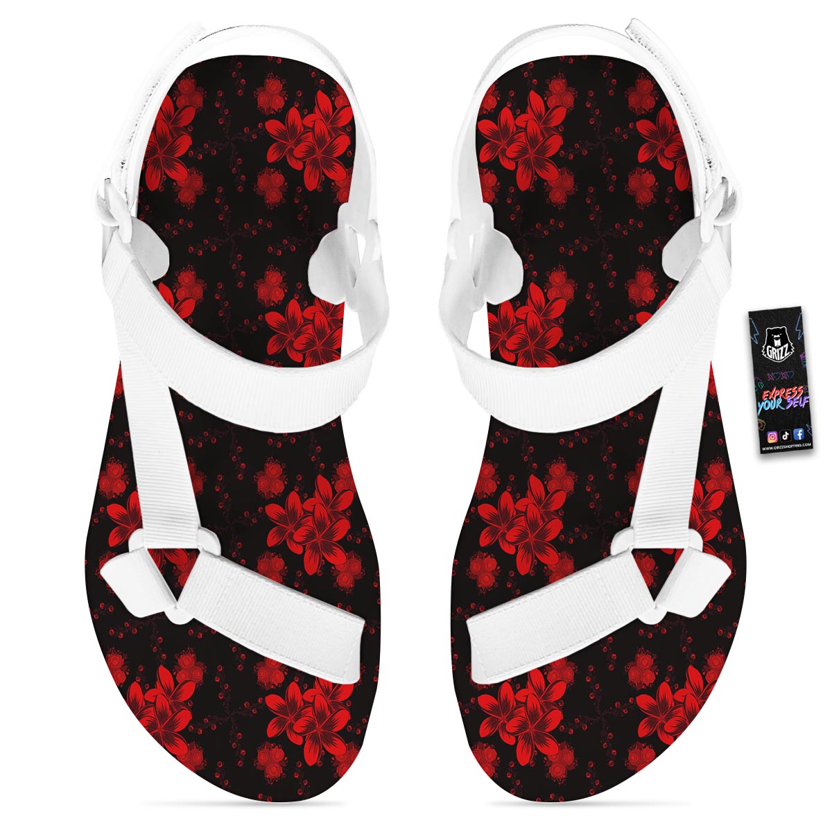 Frangipani Black And Red Print Pattern White Open Toe Sandals-grizzshop