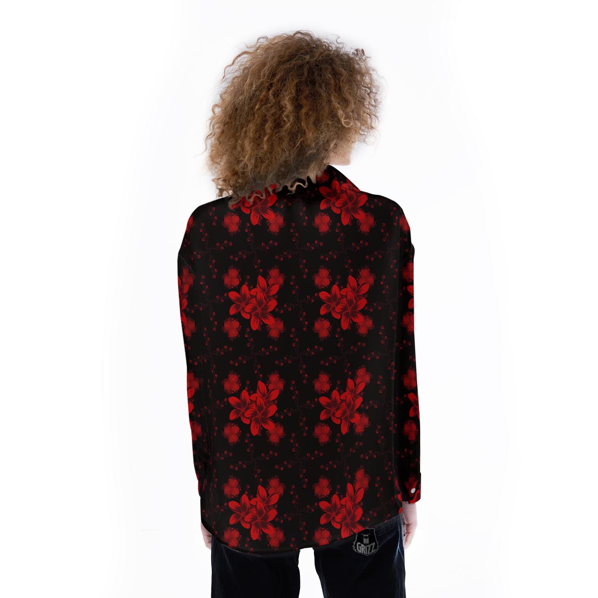 Frangipani Black And Red Print Pattern Women's Long Sleeve Shirts-grizzshop