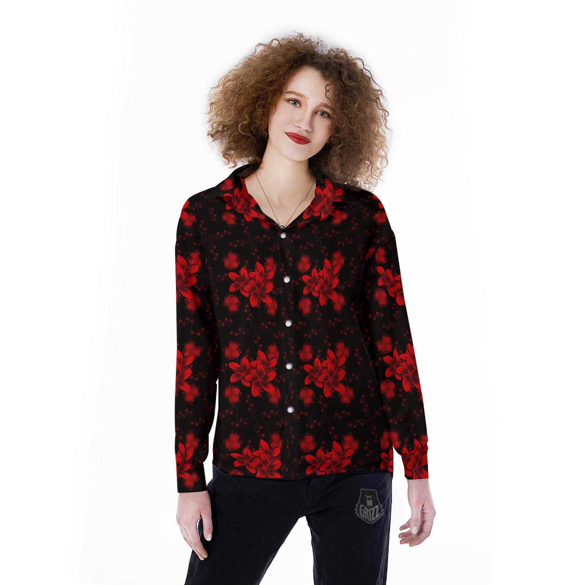 Frangipani Black And Red Print Pattern Women's Long Sleeve Shirts-grizzshop