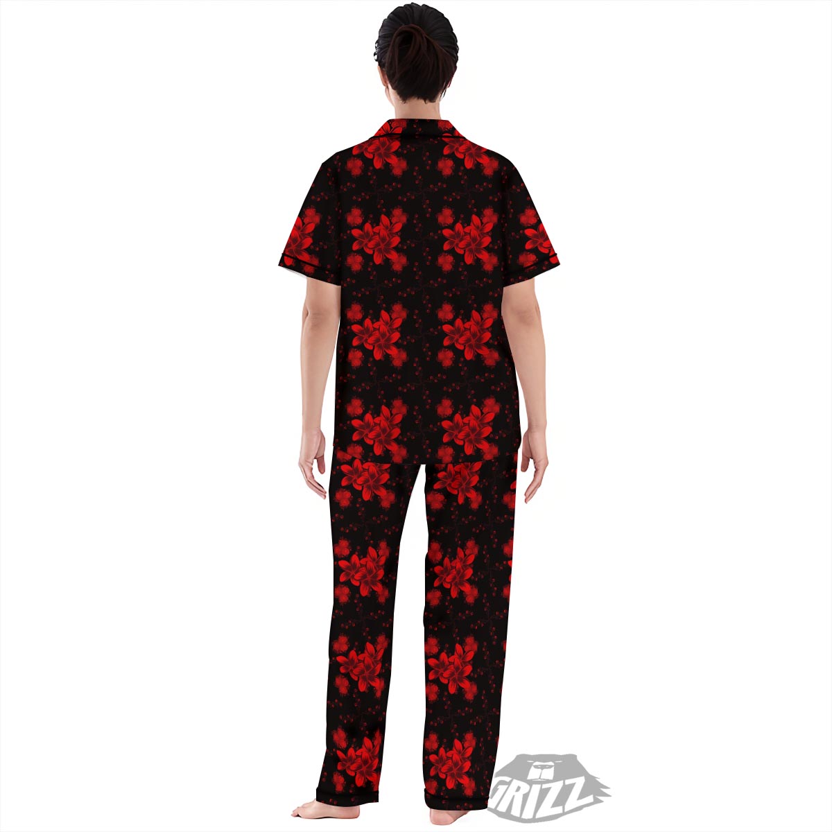 Frangipani Black And Red Print Pattern Women's Pajamas Set-grizzshop