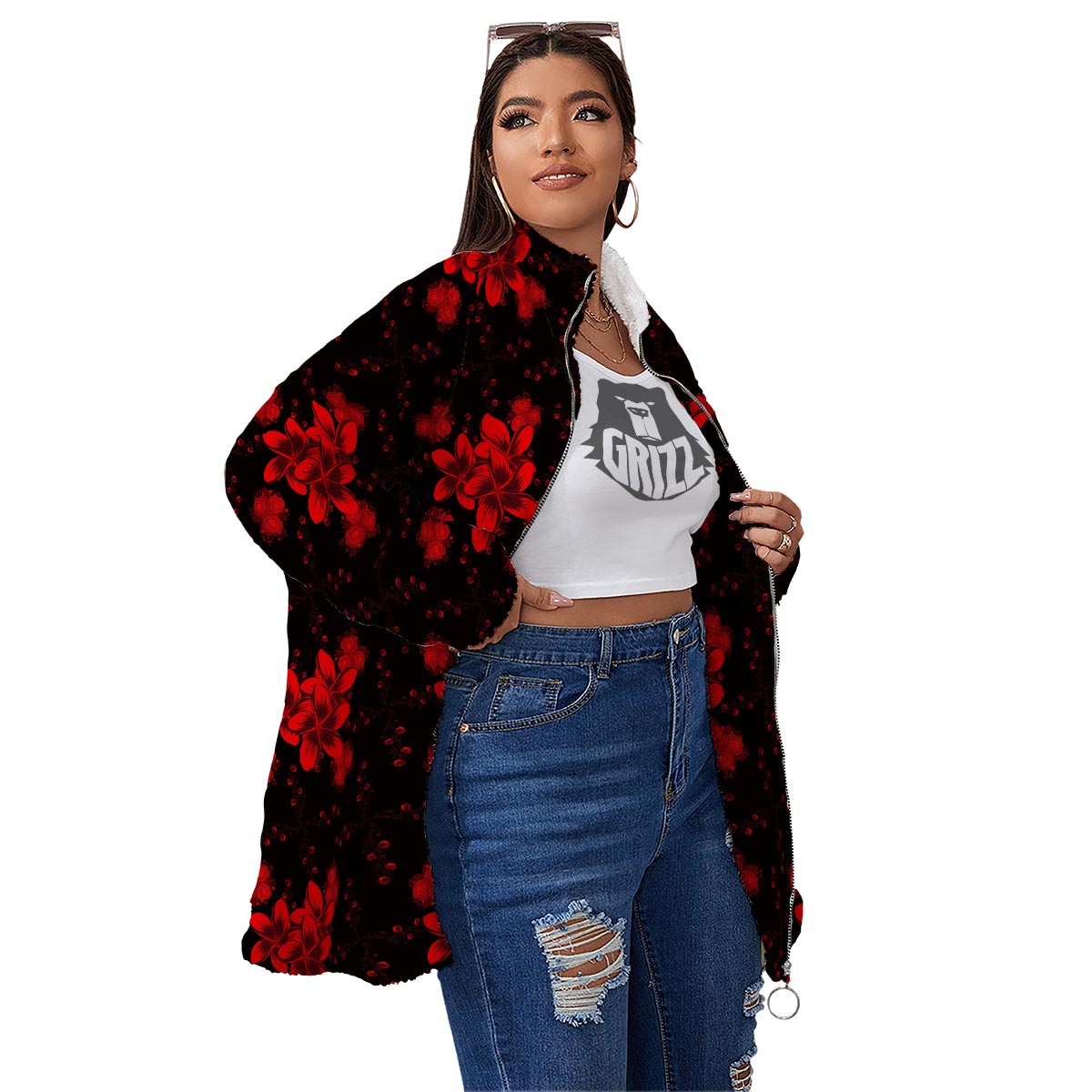 Frangipani Black And Red Print Pattern Women's Sherpa Jacket-grizzshop