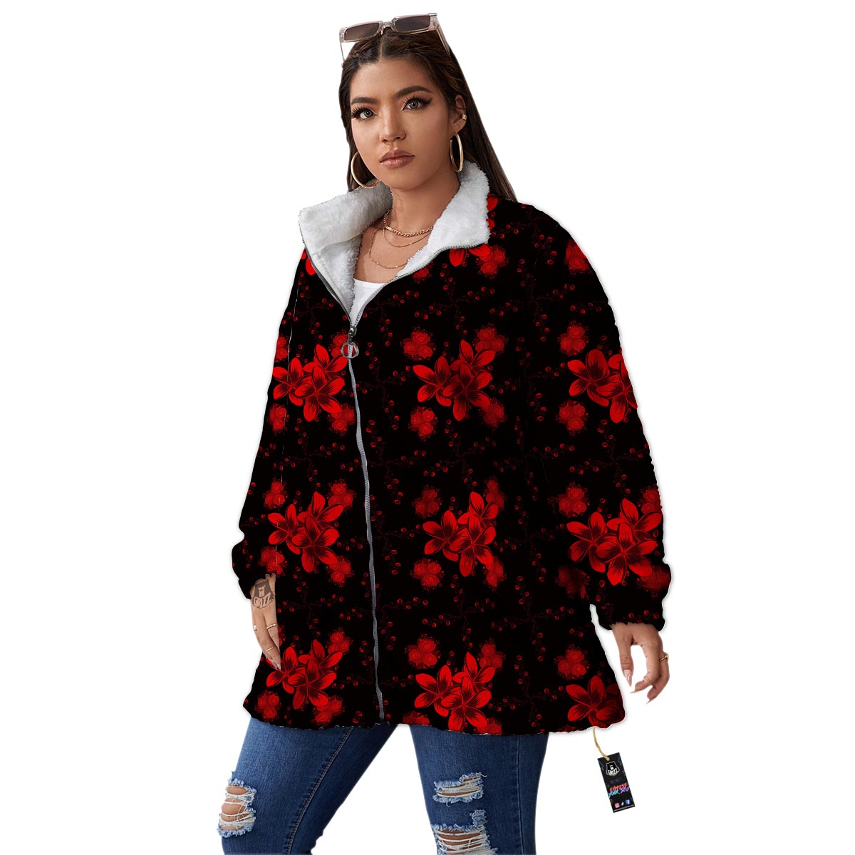 Frangipani Black And Red Print Pattern Women's Sherpa Jacket-grizzshop