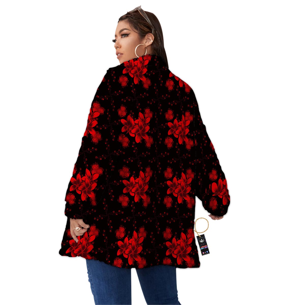 Frangipani Black And Red Print Pattern Women's Sherpa Jacket-grizzshop