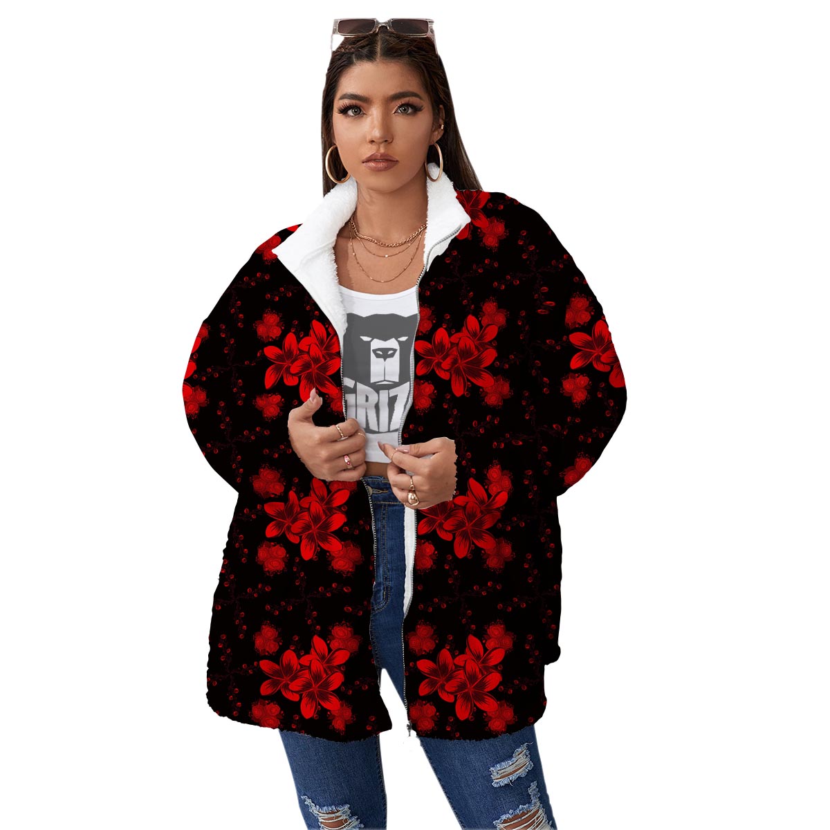 Frangipani Black And Red Print Pattern Women's Sherpa Jacket-grizzshop