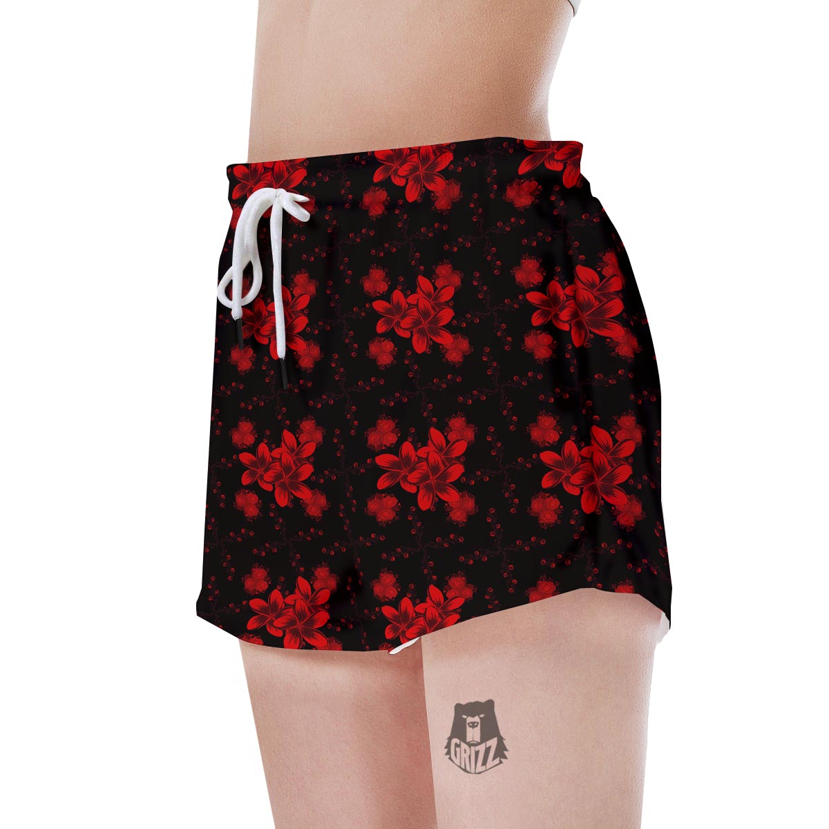 Frangipani Black And Red Print Pattern Women's Shorts-grizzshop