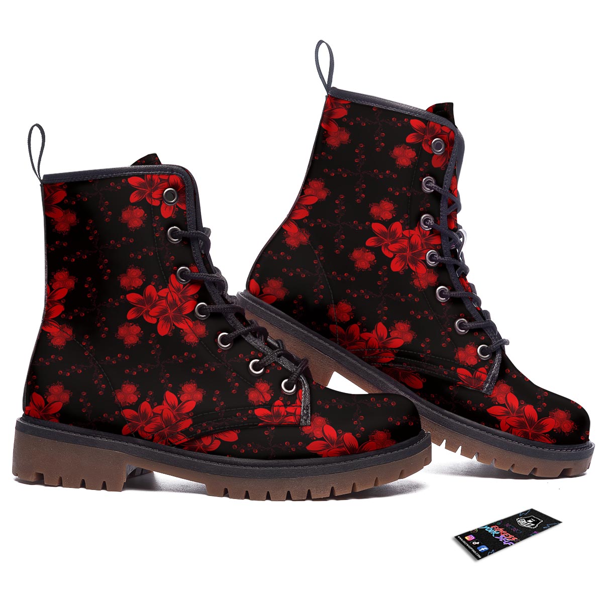 Frangipani Black And Red Print Pattern Work Boots-grizzshop