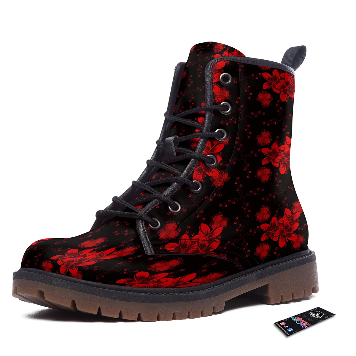 Frangipani Black And Red Print Pattern Work Boots-grizzshop