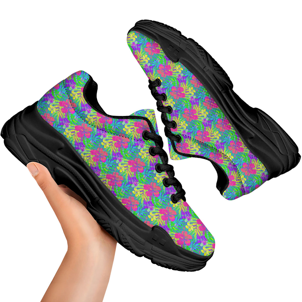 Frangipani Colorful Print Pattern Black Chunky Shoes-grizzshop