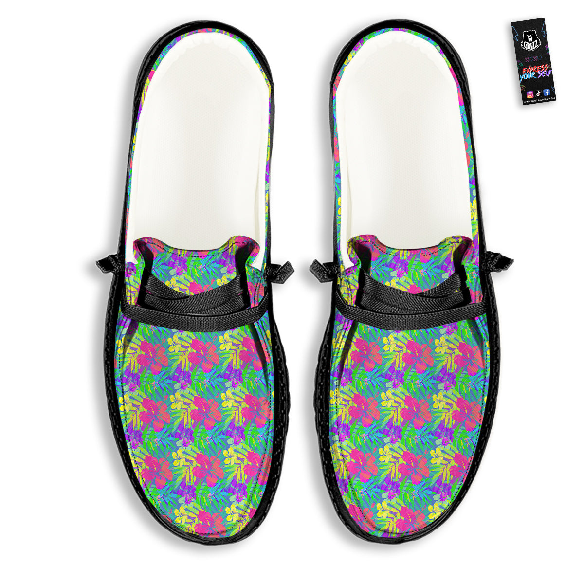 Frangipani Colorful Print Pattern Black Loafers-grizzshop