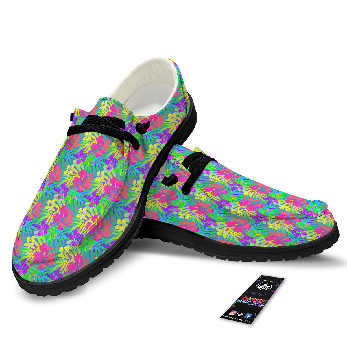 Frangipani Colorful Print Pattern Black Loafers-grizzshop