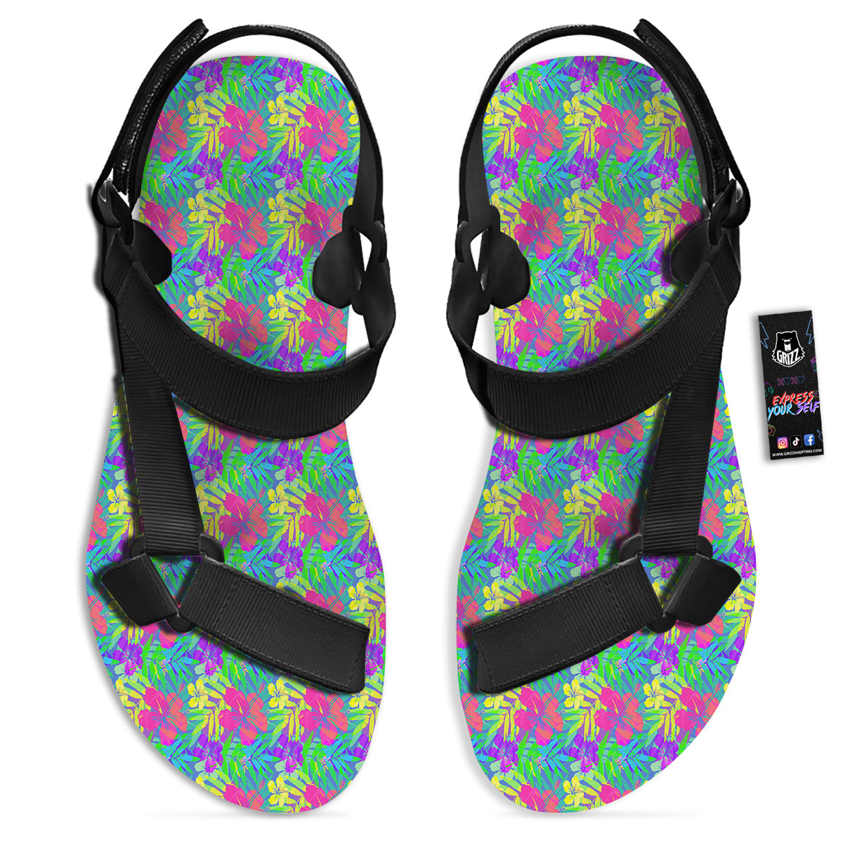 Frangipani Colorful Print Pattern Black Open Toe Sandals-grizzshop