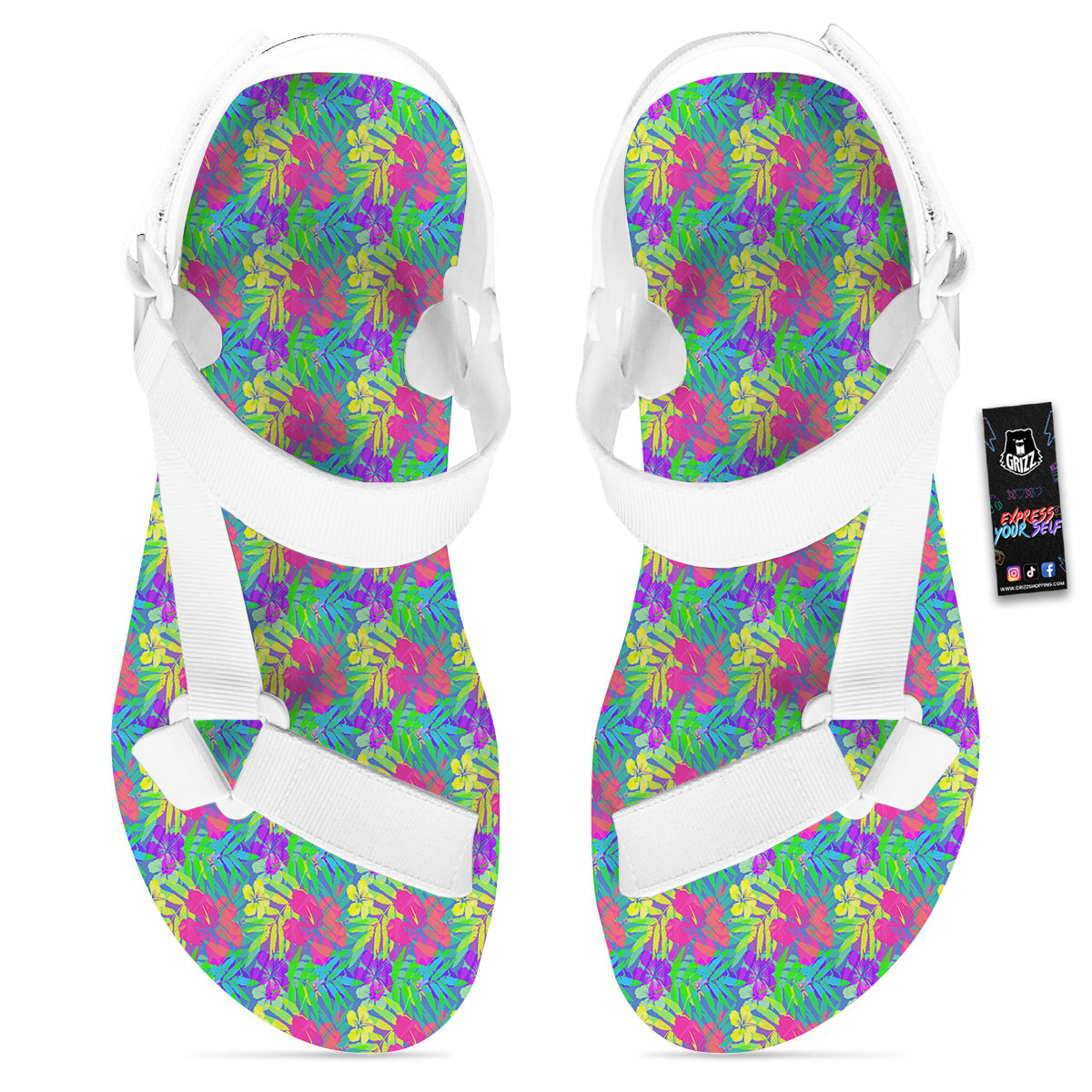 Frangipani Colorful Print Pattern White Open Toe Sandals-grizzshop