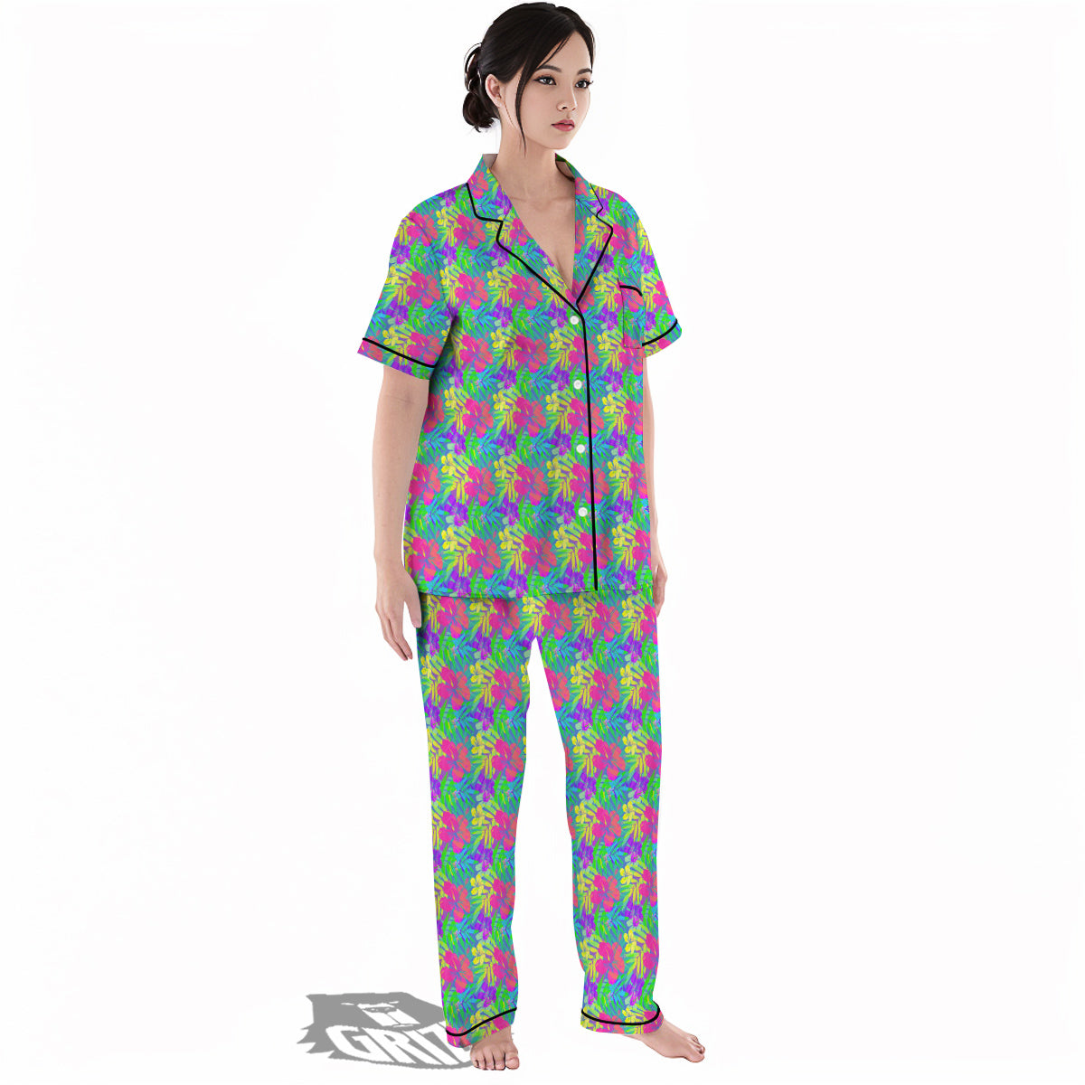Frangipani Colorful Print Pattern Women's Pajamas Set-grizzshop