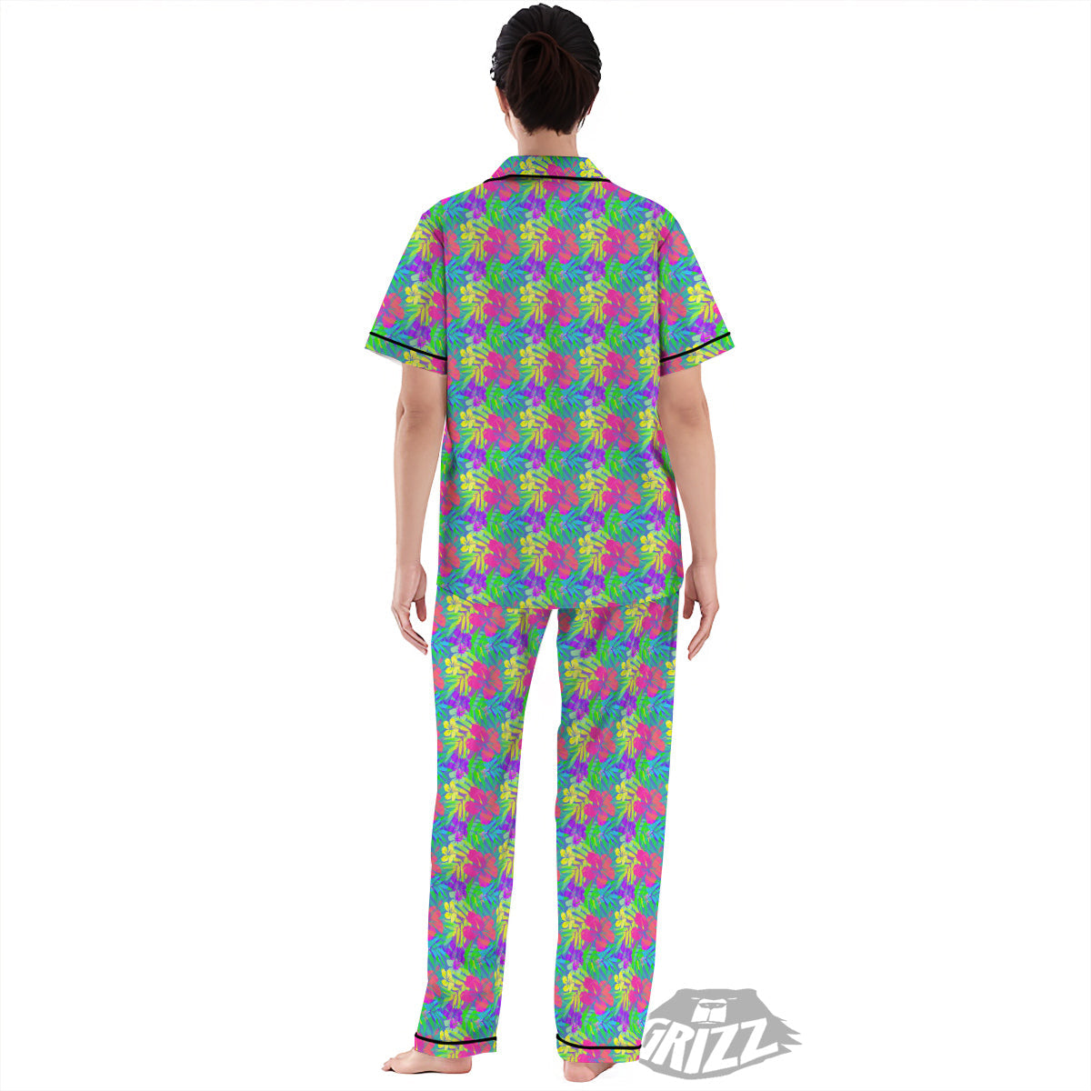 Frangipani Colorful Print Pattern Women's Pajamas Set-grizzshop