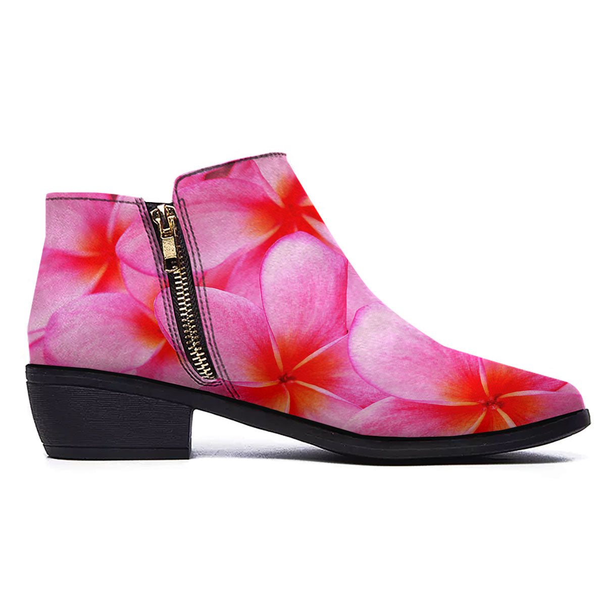 Frangipani Flower Pink Print Ankle Boots-grizzshop