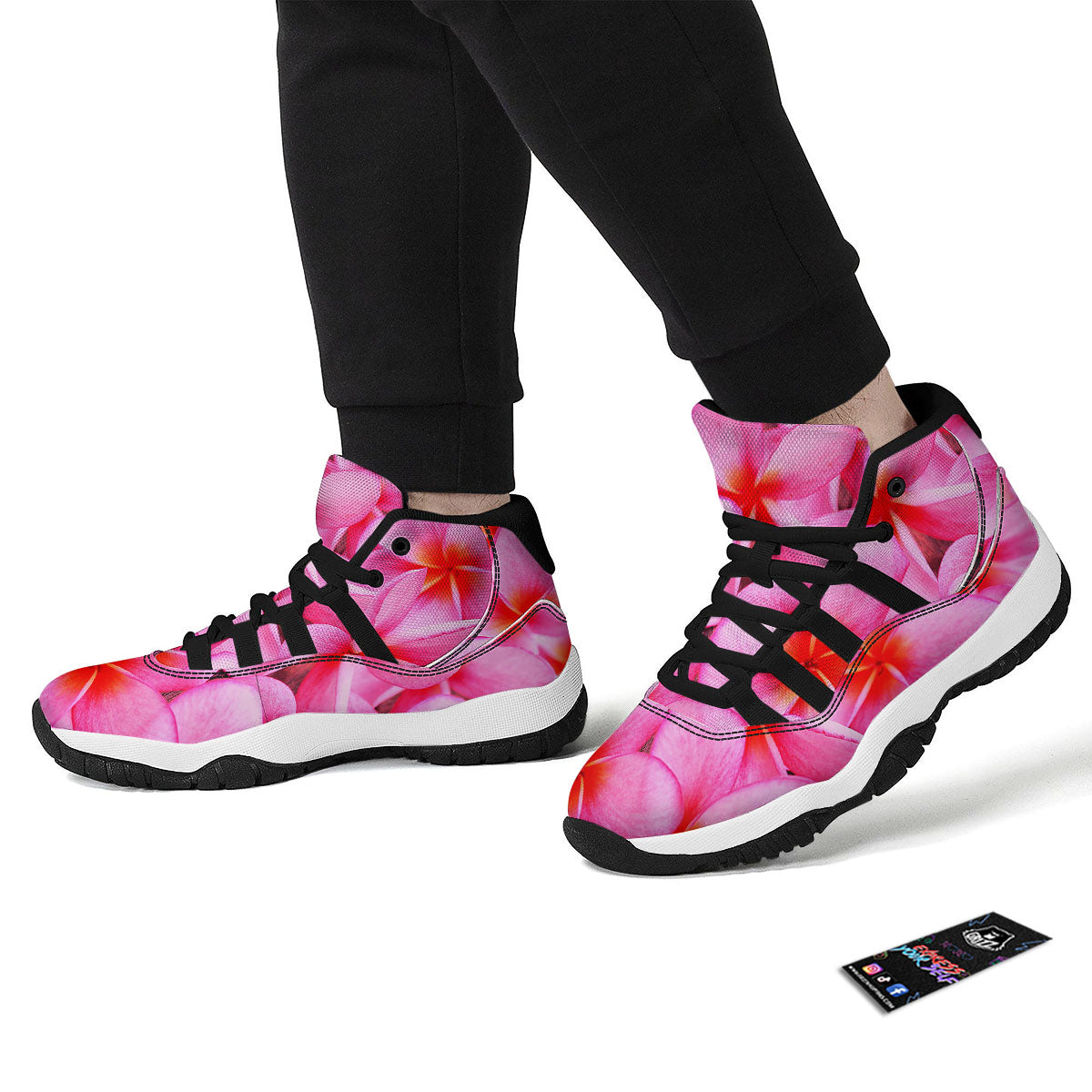 Frangipani Flower Pink Print Black Bball Shoes-grizzshop