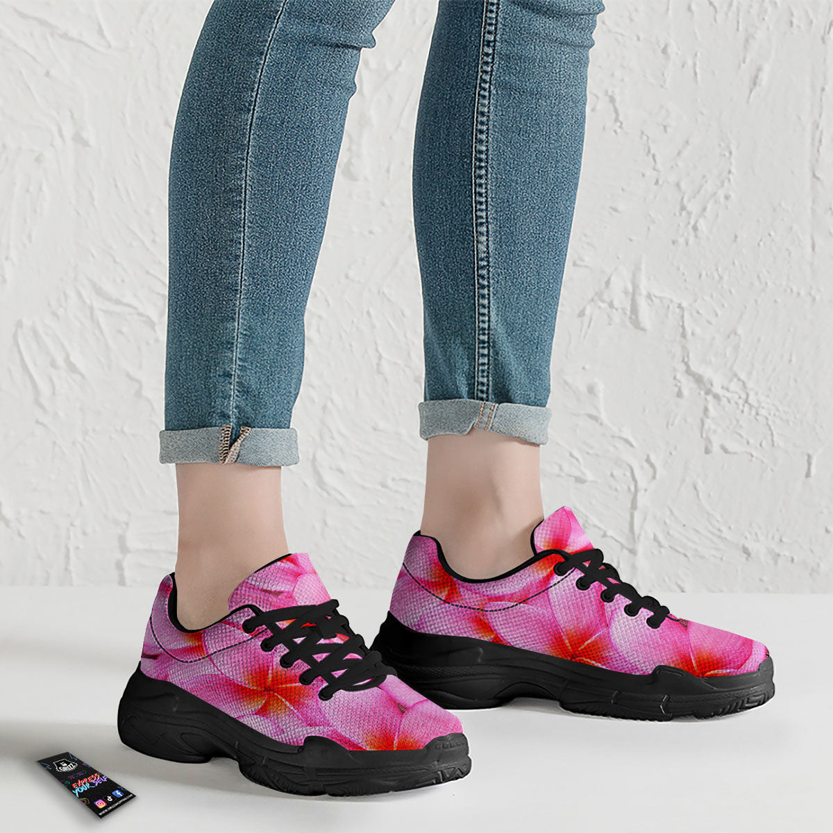 Frangipani Flower Pink Print Black Chunky Shoes-grizzshop