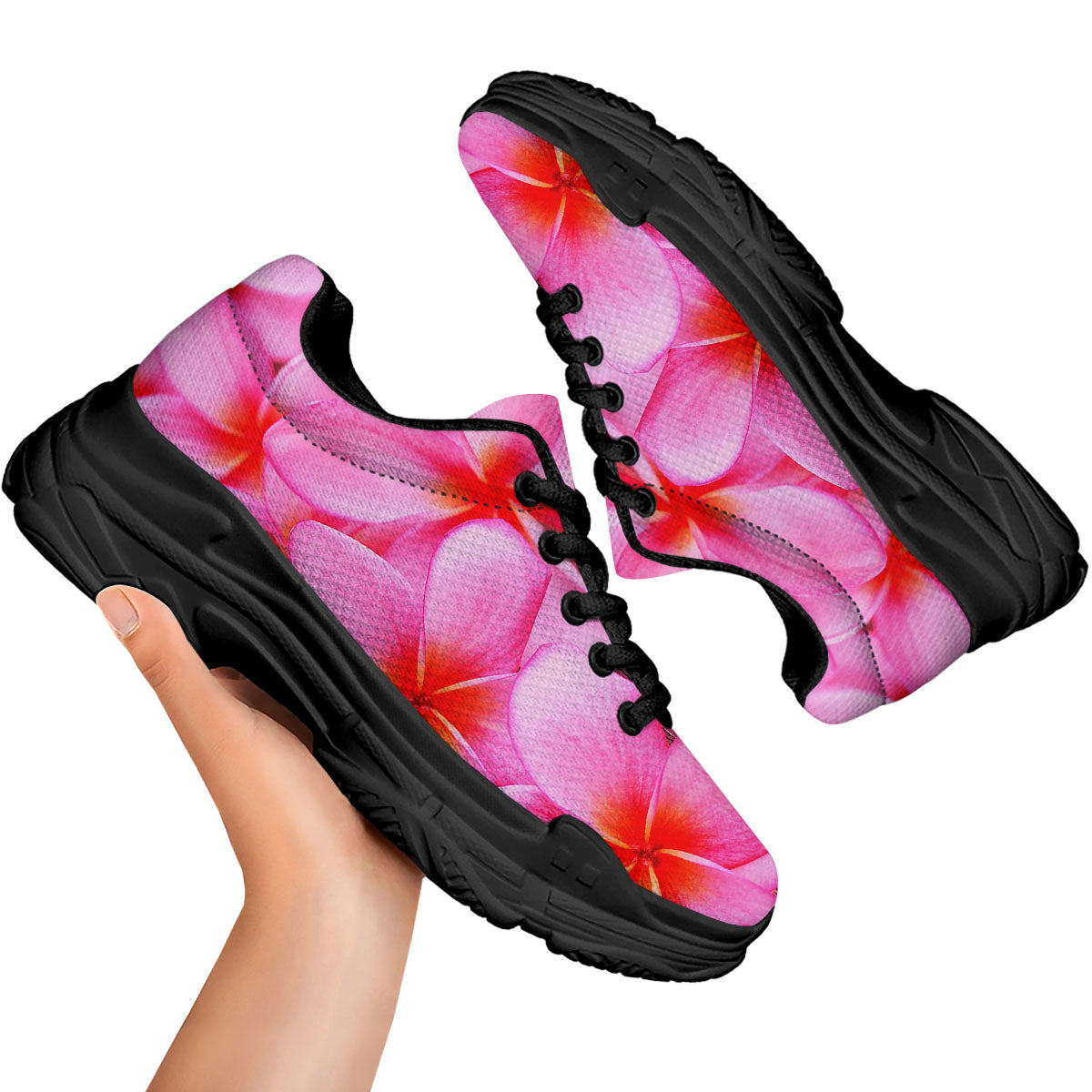 Frangipani Flower Pink Print Black Chunky Shoes-grizzshop