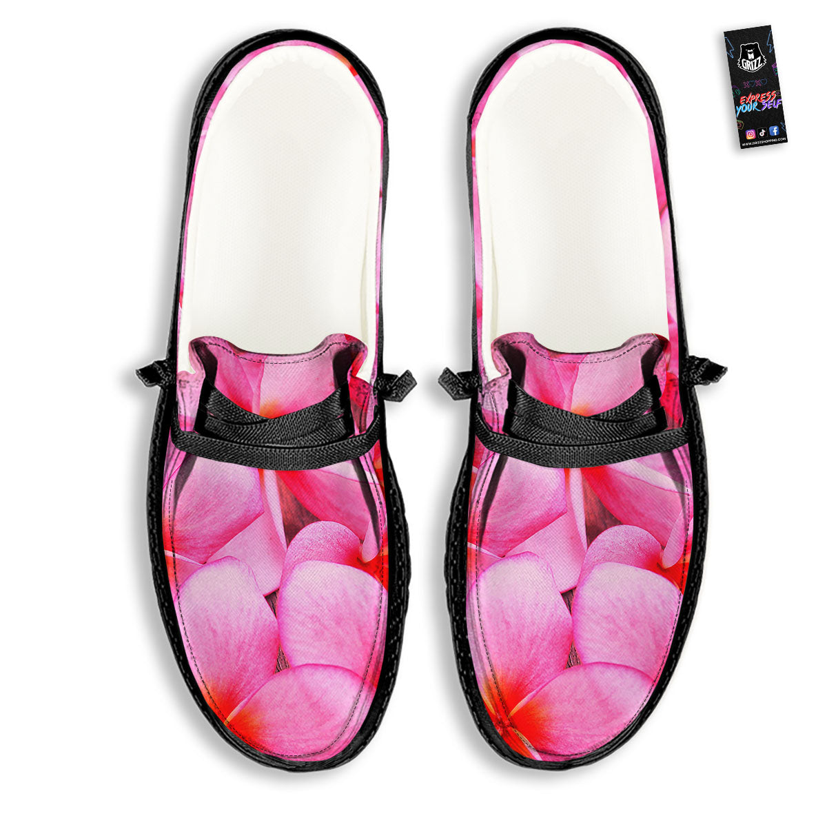 Frangipani Flower Pink Print Black Loafers-grizzshop
