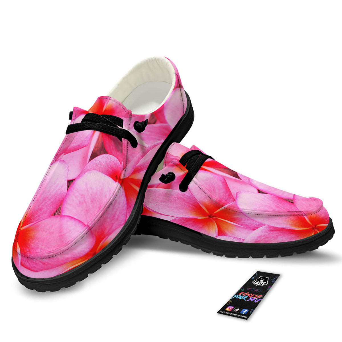 Frangipani Flower Pink Print Black Loafers-grizzshop