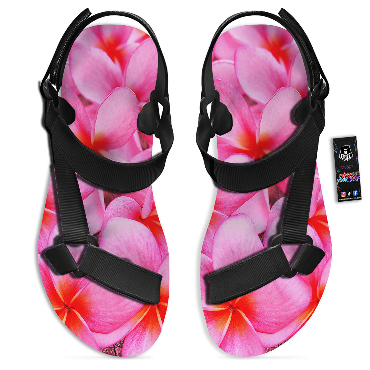 Frangipani Flower Pink Print Black Open Toe Sandals-grizzshop