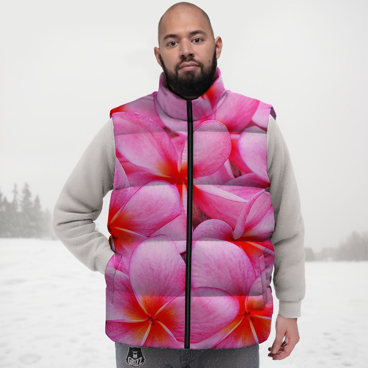 Frangipani Flower Pink Print Down Vest-grizzshop