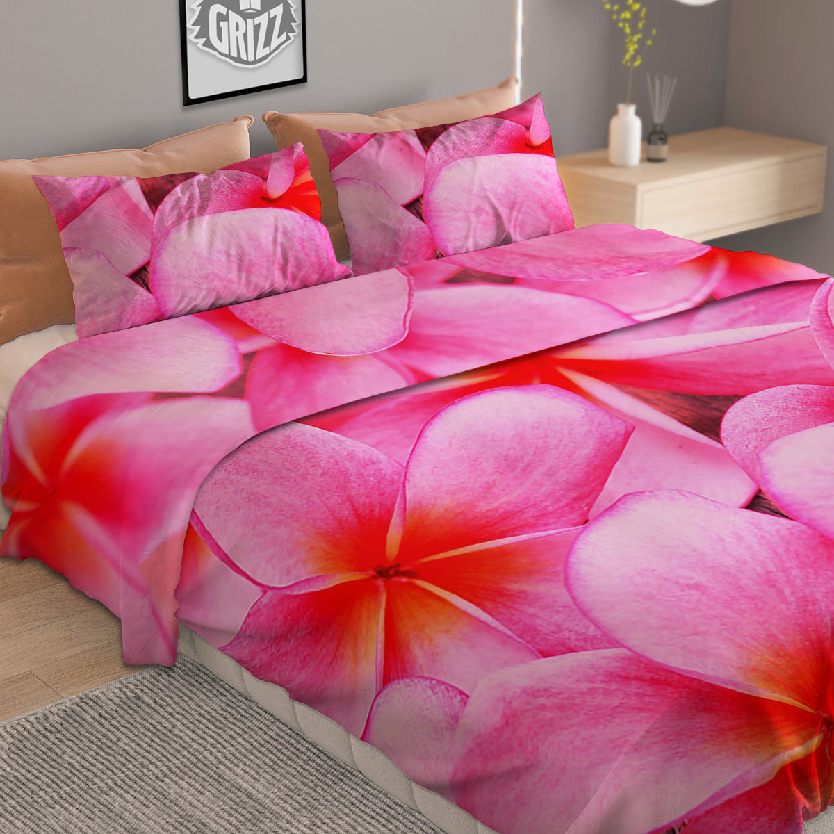Frangipani Flower Pink Print Duvet Cover Bedding Set-grizzshop