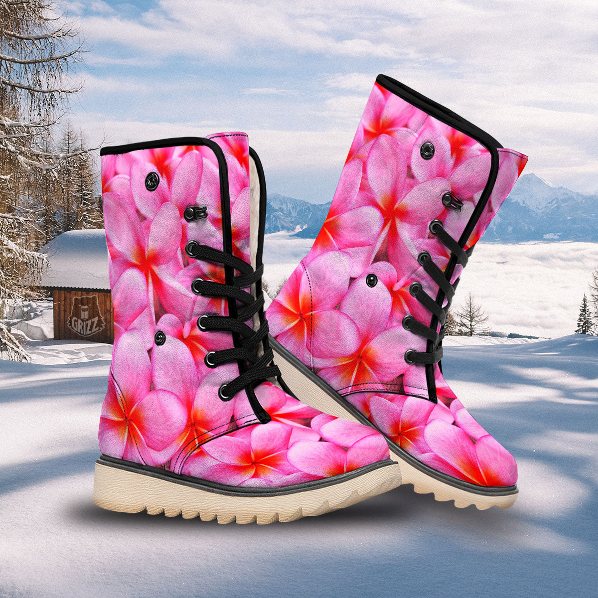 Frangipani Flower Pink Print Snow Boots-grizzshop