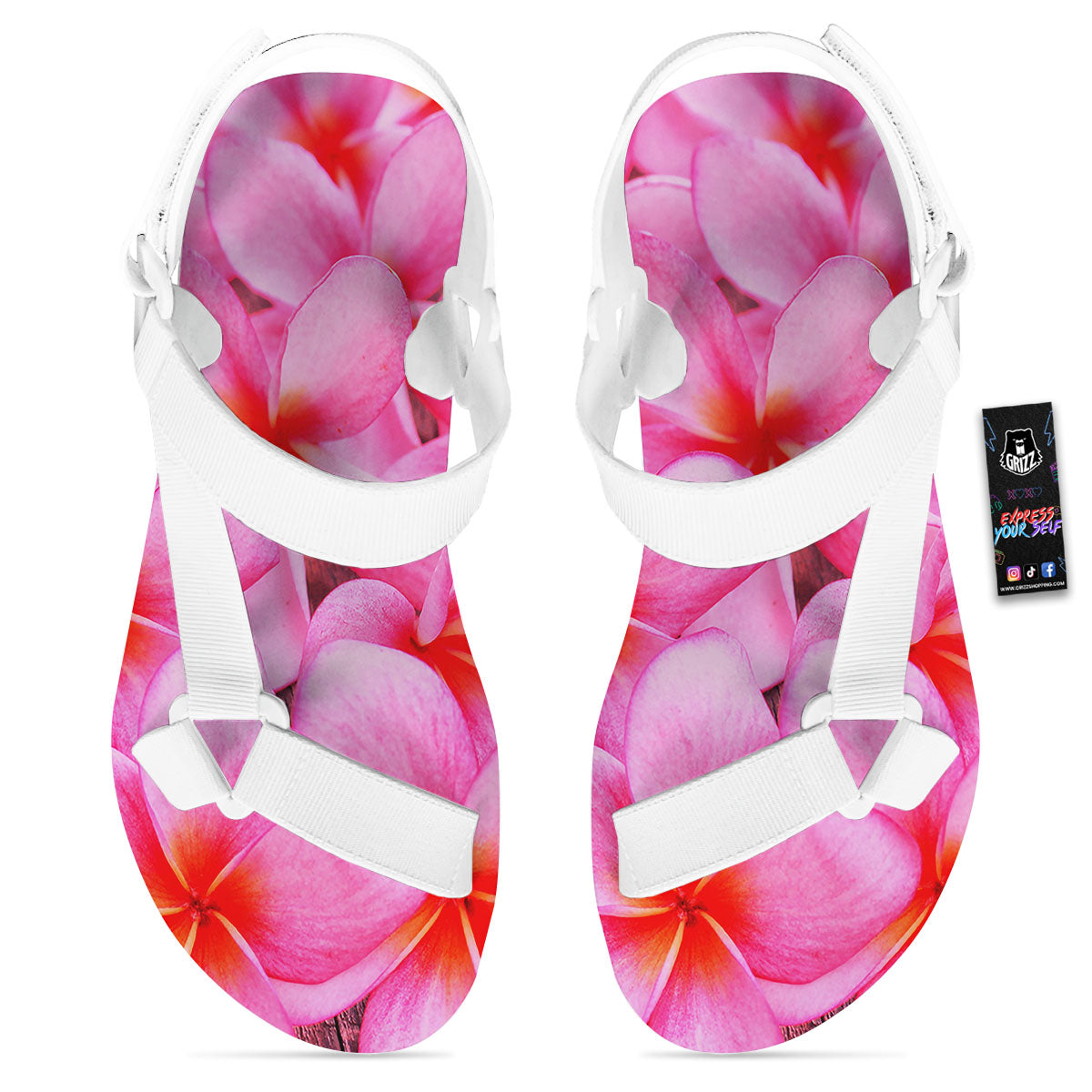 Frangipani Flower Pink Print White Open Toe Sandals-grizzshop