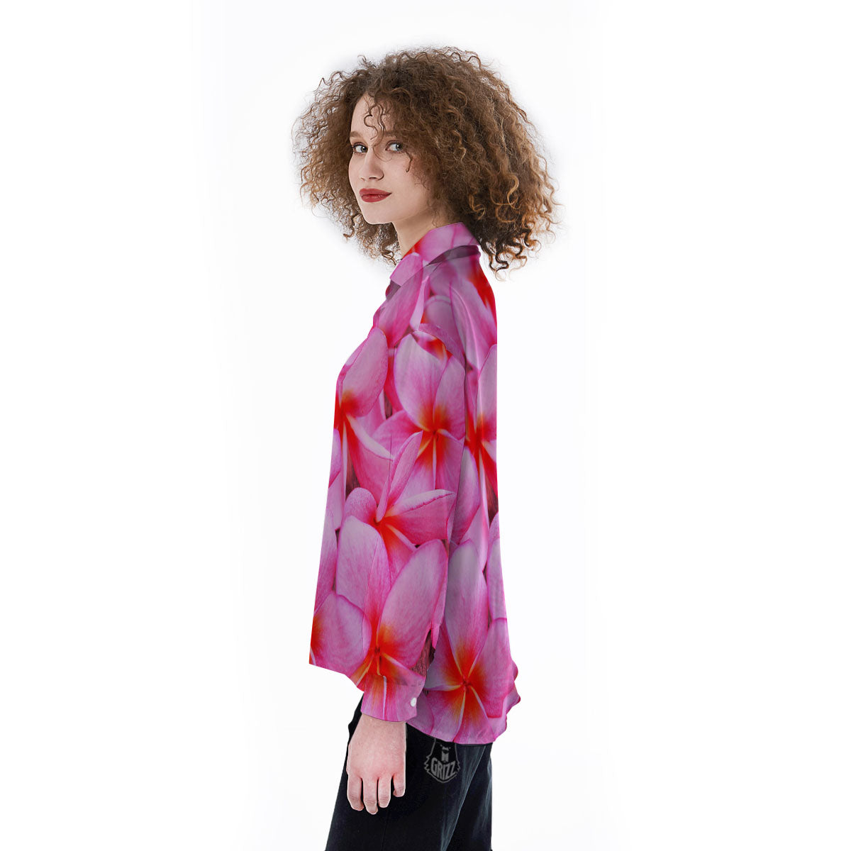 Frangipani Flower Pink Print Women's Long Sleeve Shirts-grizzshop