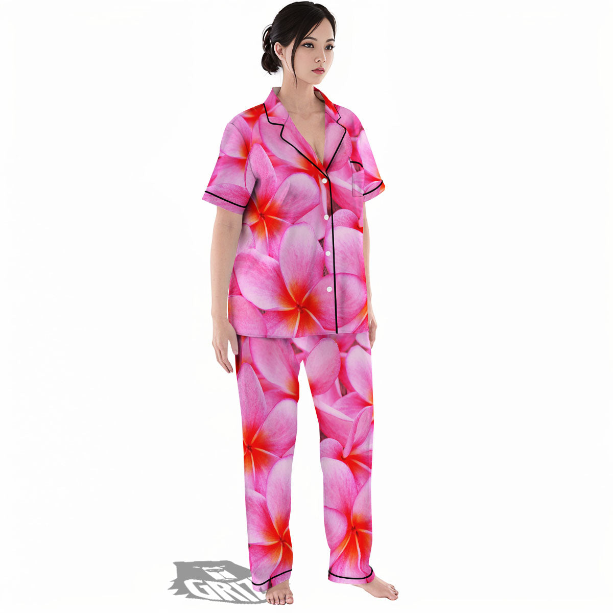 Frangipani Flower Pink Print Women's Pajamas Set-grizzshop