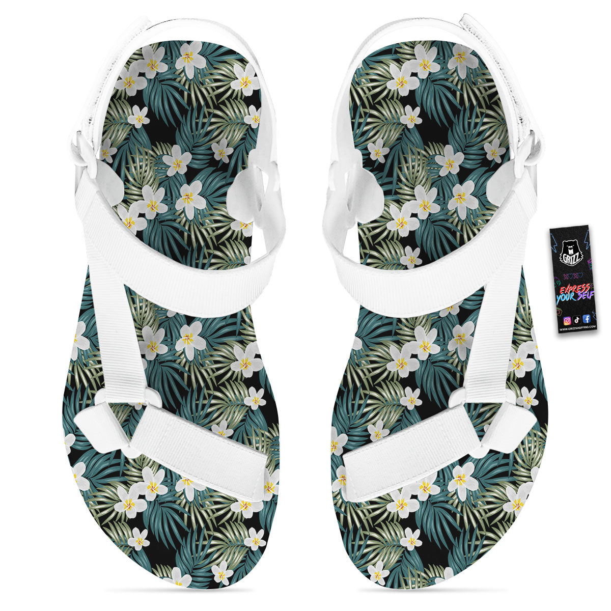 Frangipani Flower Print Pattern White Open Toe Sandals-grizzshop