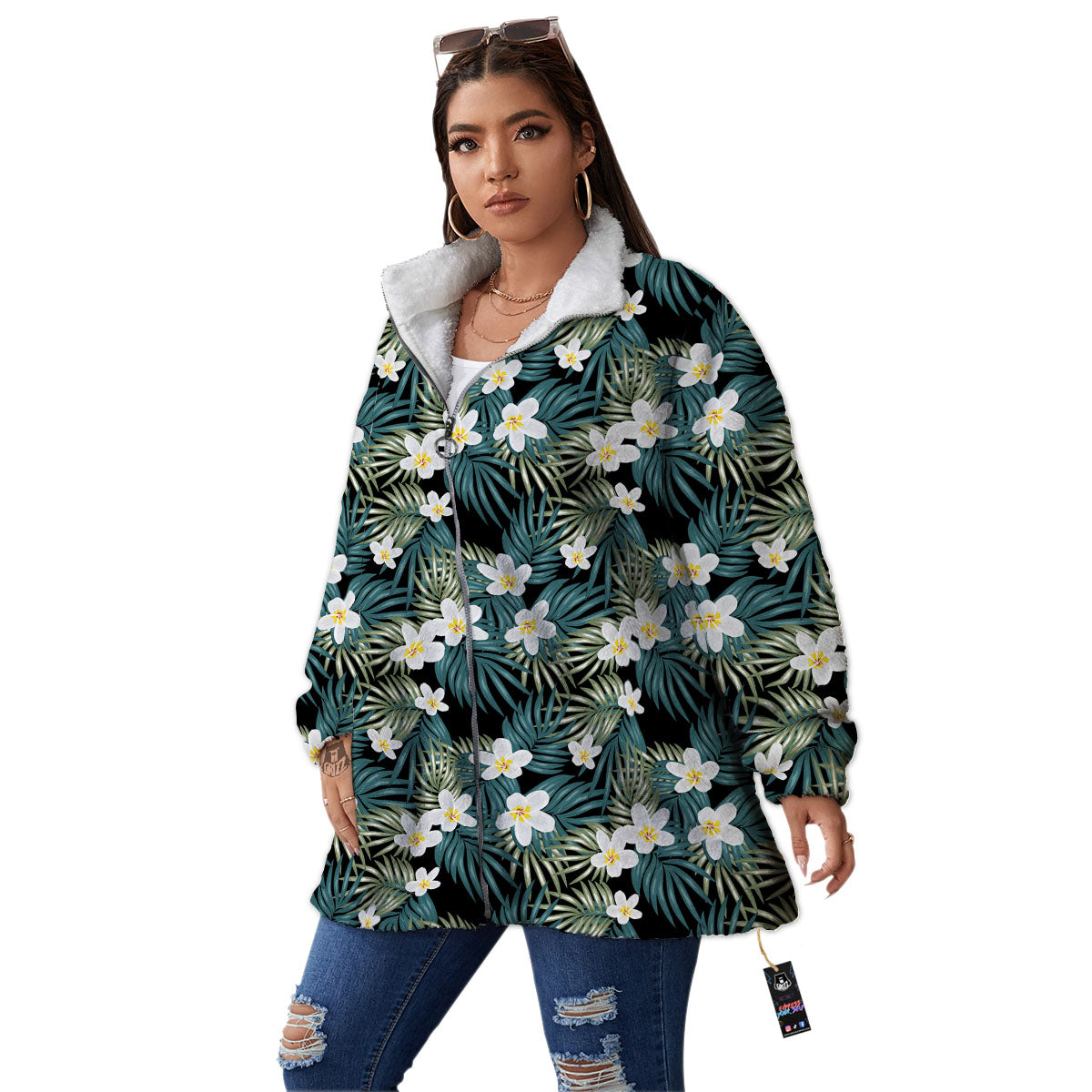 Frangipani Flower Print Pattern Women's Sherpa Jacket-grizzshop