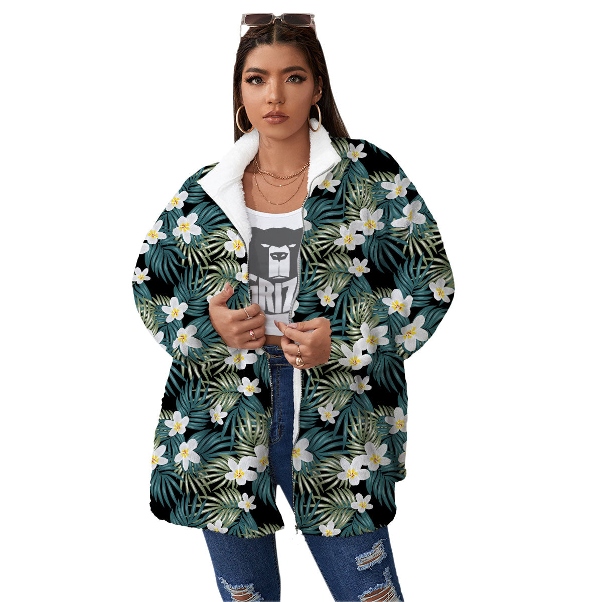 Frangipani Flower Print Pattern Women's Sherpa Jacket-grizzshop
