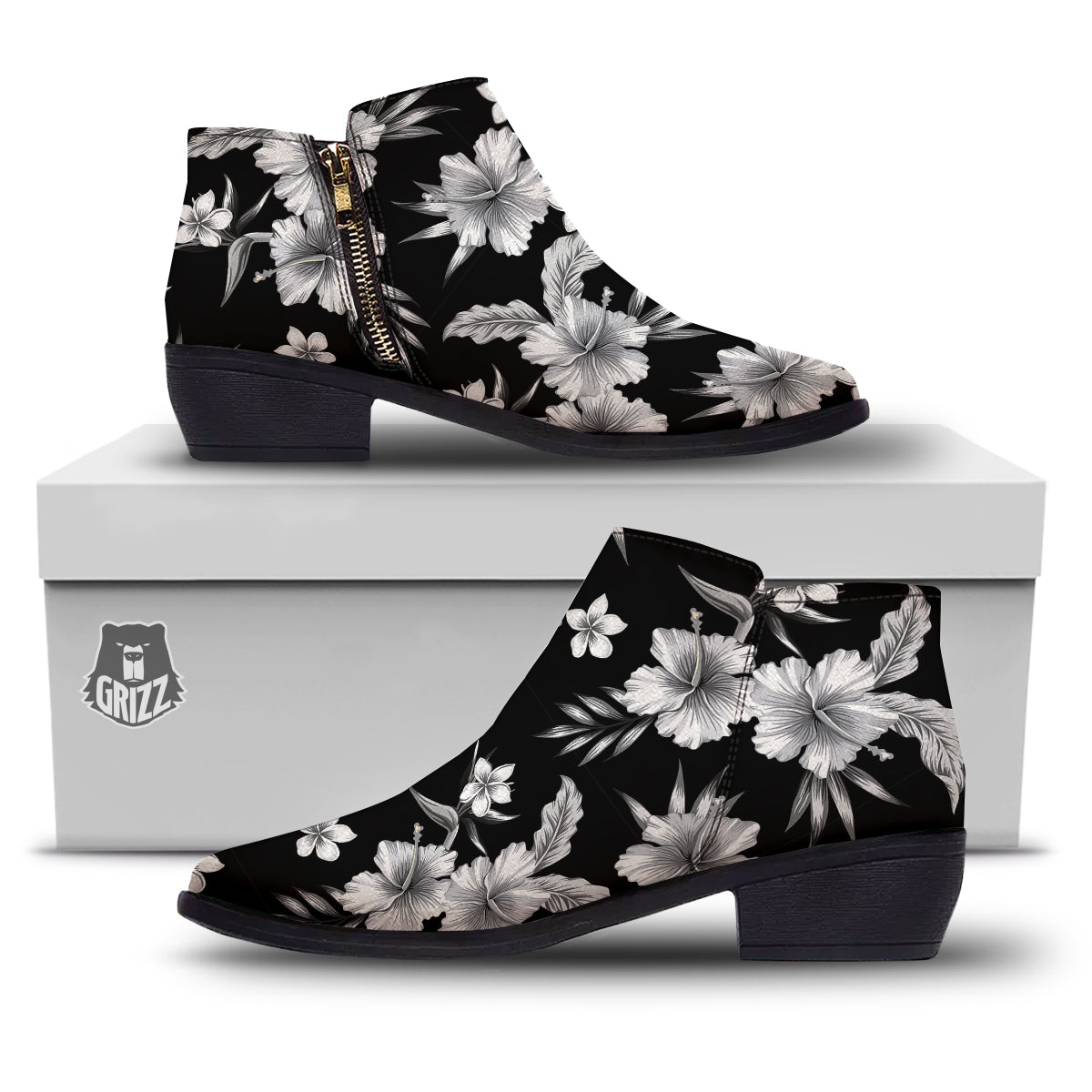 Frangipani White And Black Print Pattern Ankle Boots-grizzshop