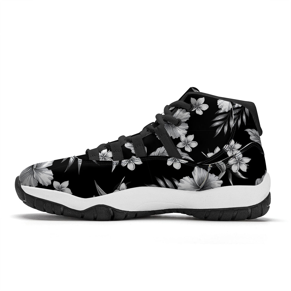 Frangipani White And Black Print Pattern Black Bball Shoes-grizzshop
