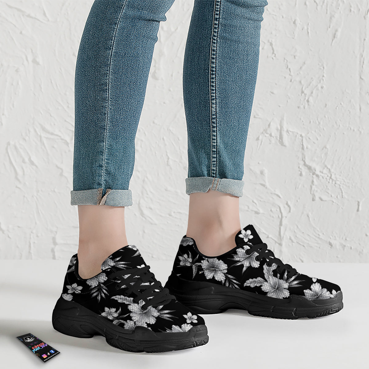 Frangipani White And Black Print Pattern Black Chunky Shoes-grizzshop