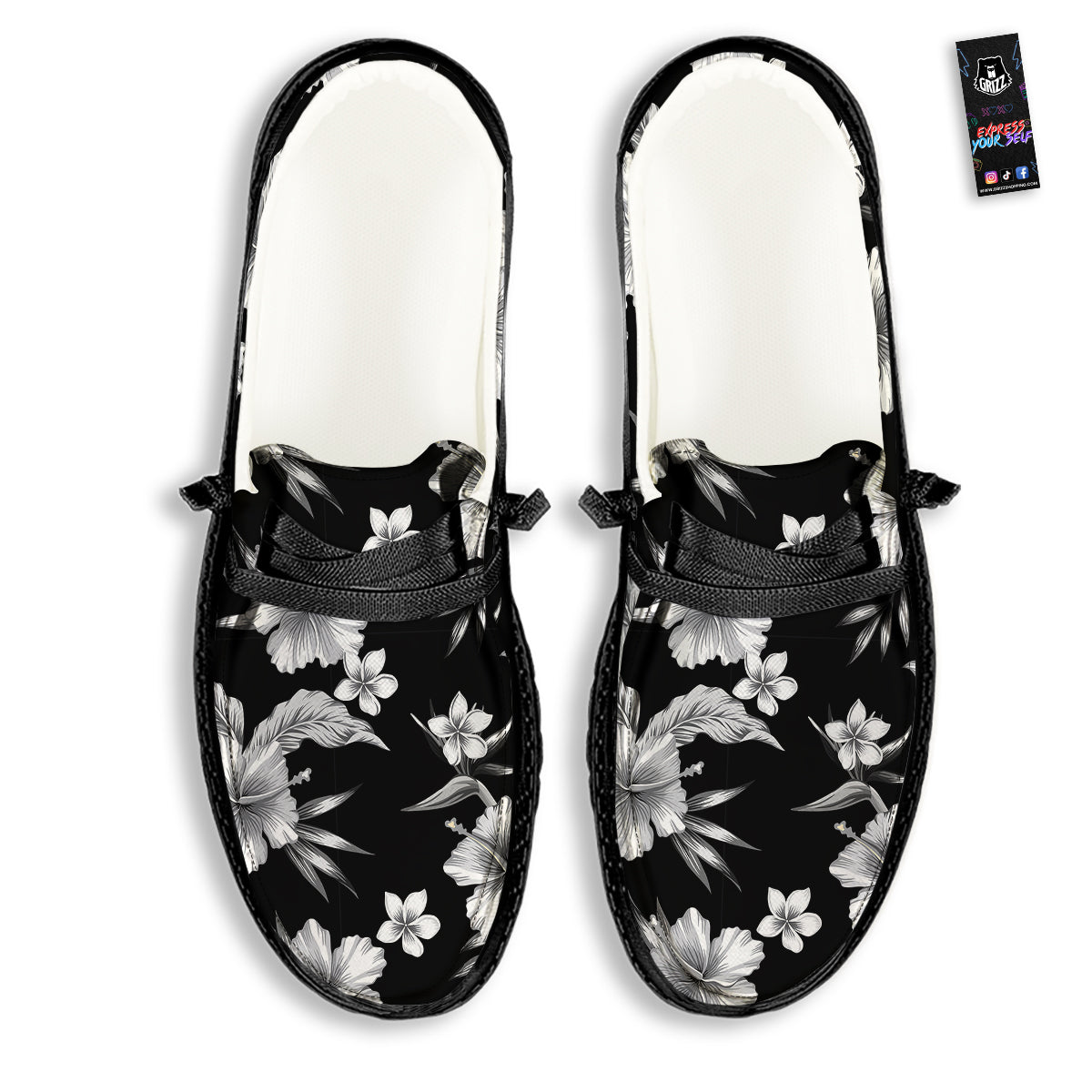 Frangipani White And Black Print Pattern Black Loafers-grizzshop