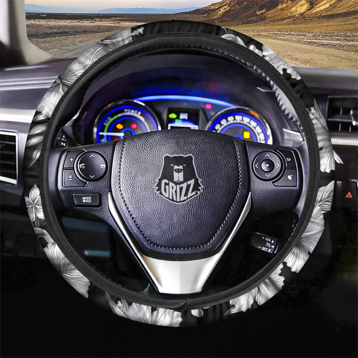 Frangipani White And Black Print Pattern Car Steering Wheel Cover-grizzshop