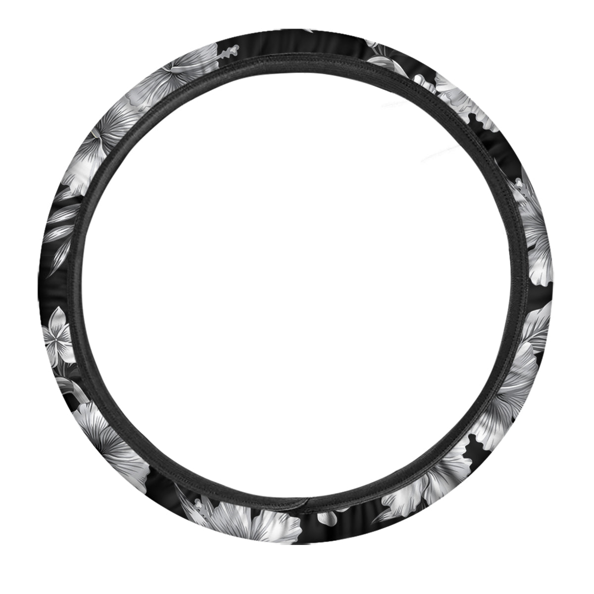 Frangipani White And Black Print Pattern Car Steering Wheel Cover-grizzshop