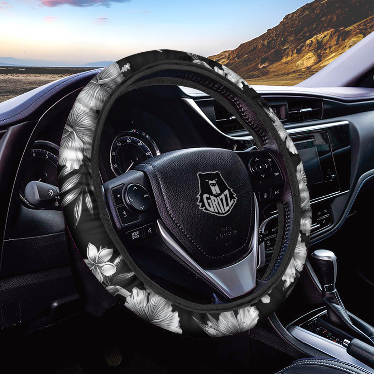 Frangipani White And Black Print Pattern Car Steering Wheel Cover-grizzshop