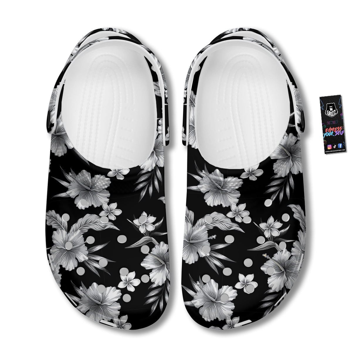 Frangipani White And Black Print Pattern Clog-grizzshop
