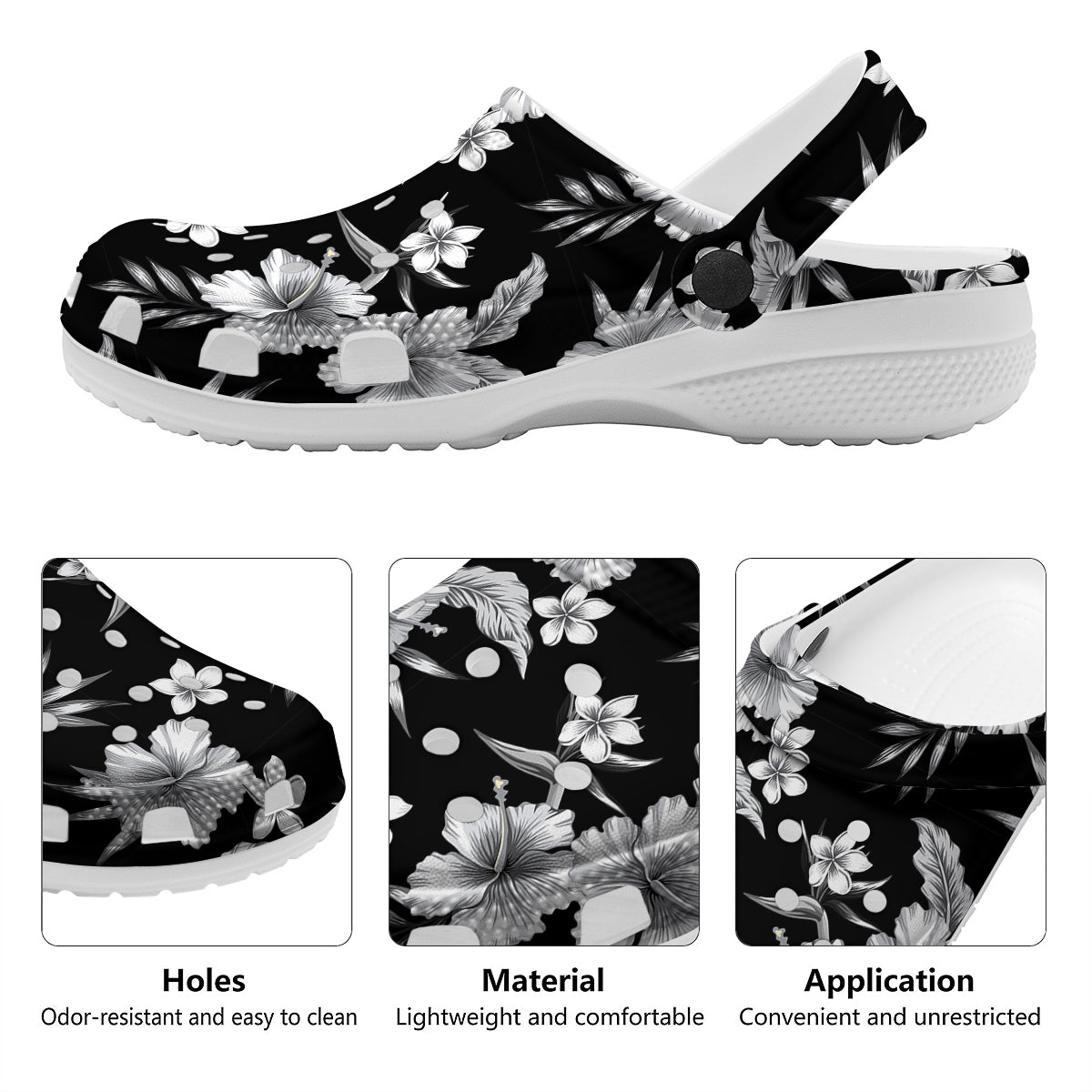 Frangipani White And Black Print Pattern Clog-grizzshop