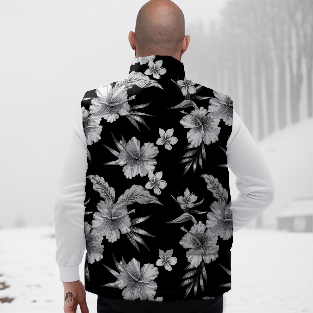 Frangipani White And Black Print Pattern Down Vest