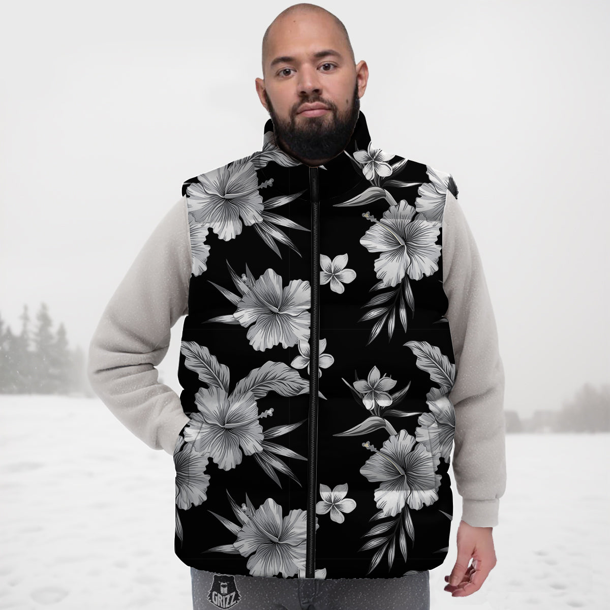 Frangipani White And Black Print Pattern Down Vest